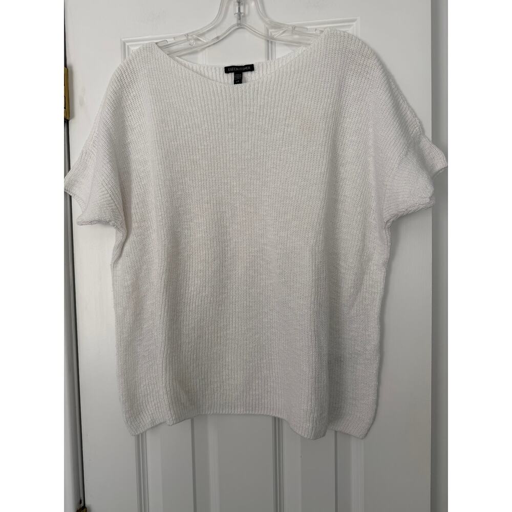 Eileen Fisher White SS Sweater Organic Linen Cotton Coastal Minimalist Luxury L